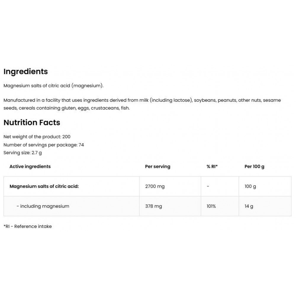 Magnesium Citrate Powder Неовкусен - Магнезий
